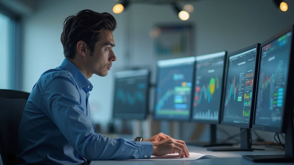 Аналитик работает с данными и графиками на нескольких мониторах