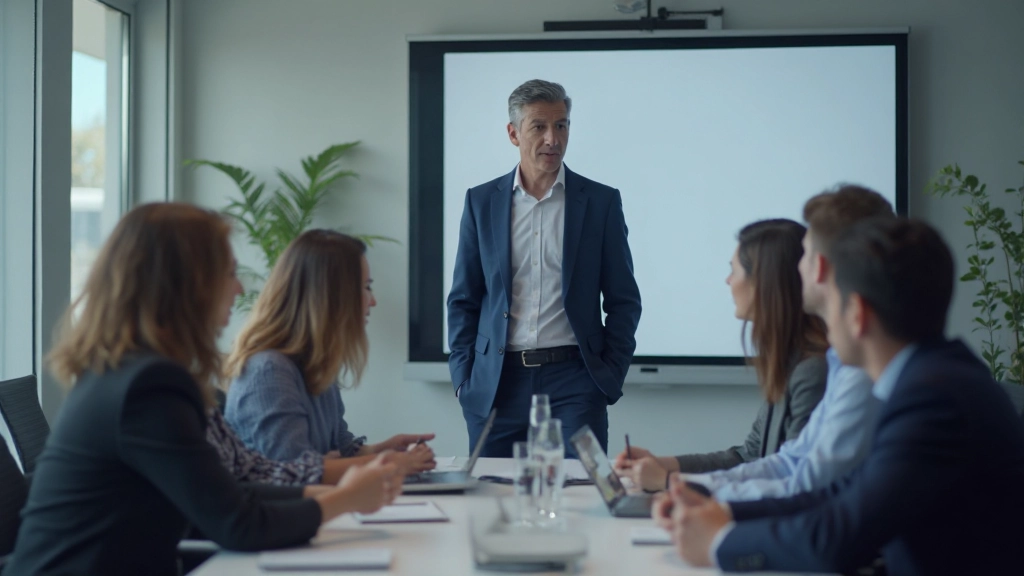 Лидер проводит презентацию перед командой в конференц-зале