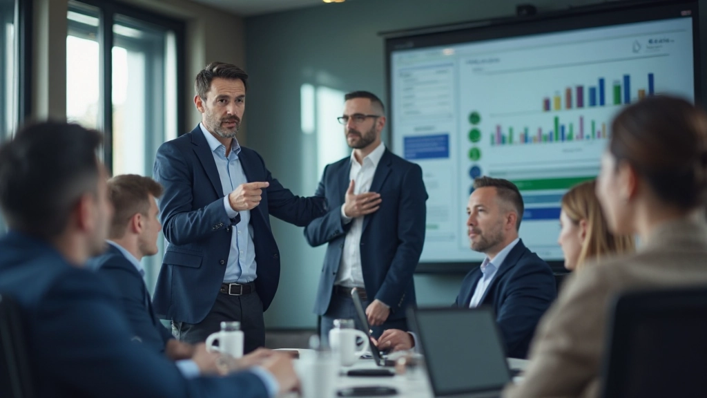 Специалист проводит презентацию перед коллегами в конференц-зале