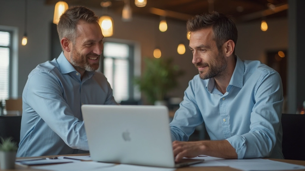 Опытный наставник консультирует молодого специалиста за рабочим столом в современном офисе